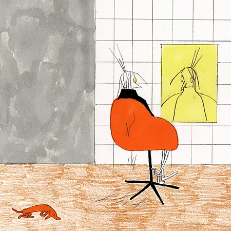 Eine simple handgezeichnete Illustration einer Person die auf einem Friseurstuhl sitzt und auf ihr Abbild in einen gelben Spiegel an der Wand schaut. Am Boden hinter ihr ist ein Dackel zu sehen. Der Titel des Bildes ist darunter zu sehen und lautet: Spaghetti Haar (39 Euro)