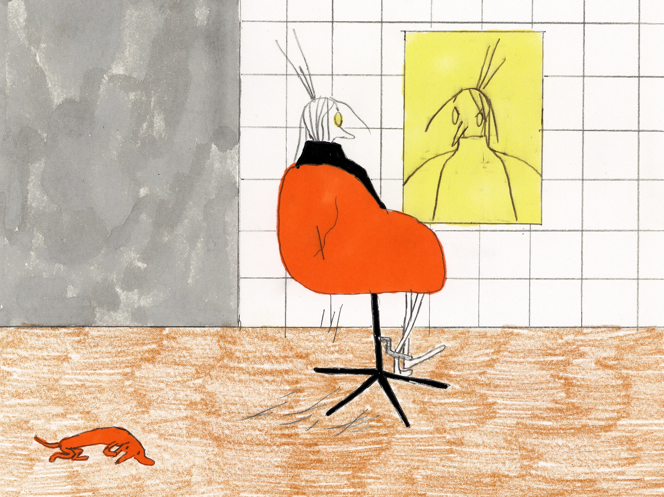 Eine simple handgezeichnete Illustration einer Person die auf einem Friseurstuhl sitzt und auf ihr Abbild in einen gelben Spiegel an der Wand schaut. Am Boden hinter ihr ist ein Dackel zu sehen. Der Titel des Bildes ist darunter zu sehen und lautet: Spaghetti Haar (39 Euro)